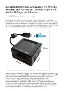 Integrated Biometrics Announces The World s Smallest and Fastest FBI Certified Appendix F Mobile ID Fingerprint Scanner
