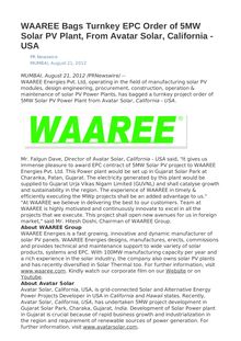 WAAREE Bags Turnkey EPC Order of 5MW Solar PV Plant, From Avatar Solar, California - USA