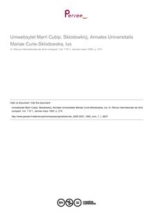 Uniwebsytet Marri Cubip, Sklodowkicj, Annales Universitatis Mariae Curie-Sklodowska, lus - note biblio ; n°1 ; vol.7, pg 274-274