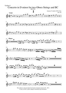Partition violons I, Concerto pour 2 hautbois en D minor, RV 535