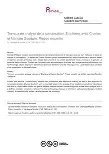 Travaux en analyse de la conversation. Entretiens avec Charles et Marjorie Goodwin. Propos recueillis - article ; n°1 ; vol.48, pg 81-102