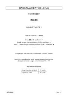 Bac 2019 ; sujet italien LV1 Amérique du Nord