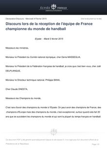 Elysée - Discours de François Hollande à l équipe de France de Handball championne du monde