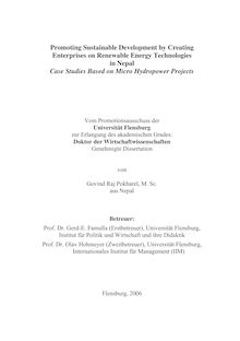 Promoting sustainable development by creating enterprises on renewable energy technologies in Nepal [Elektronische Ressource] : case studies based on micro hydropower projects / Govind Raj Pokharel
