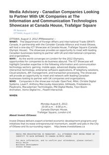 Media Advisory - Canadian Companies Looking to Partner With UK Companies at The Information and Communication Technologies Showcase at Canada House, Trafalgar Square
