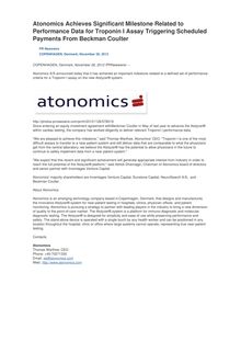 Atonomics Achieves Significant Milestone Related to Performance Data for Troponin I Assay Triggering Scheduled Payments From Beckman Coulter