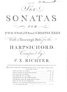 Partition Continuo, 6 Trio sonates, Six sonatas for two violins and violoncello, with a thorough bass for the harpsichord