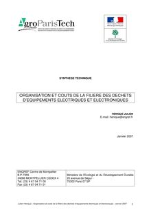 Julien Hénique Organisation et coûts de la filière des déchets d équipements électriques et électroniques Janvier