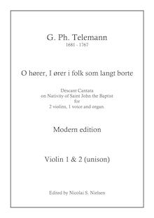 Partition violon 1-2, O hører, I ører, I folk som langt borte, Festo Johannis Baptistæ par Georg Philipp Telemann