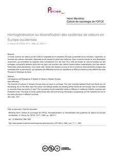 Homogénéisation ou diversification des systèmes de valeurs en Europe occidentale - article ; n°1 ; vol.71, pg 299-311