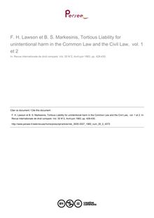 F. H. Lawson et B. S. Markesinis, Tortious Liability for unintentional harm in the Common Law and the Civil Law,  vol. 1 et 2 - note biblio ; n°2 ; vol.35, pg 428-430