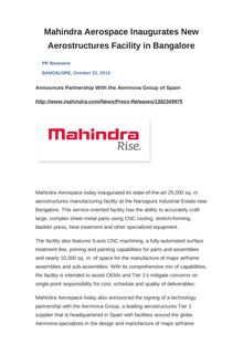 Mahindra Aerospace Inaugurates New Aerostructures Facility in Bangalore