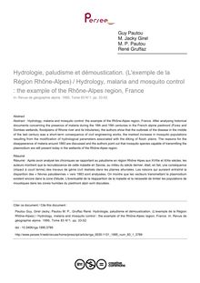 Hydrologie, paludisme et démoustication. (L exemple de la Région Rhône-Alpes) / Hydrology, malaria and mosquito control : the example of the Rhône-Alpes region, France - article ; n°1 ; vol.83, pg 33-52