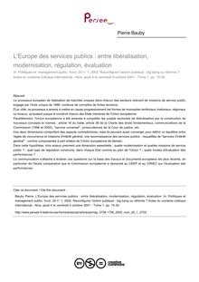 L Europe des services publics : entre libéralisation, modernisation, régulation, évaluation - article ; n°1 ; vol.20, pg 15-30