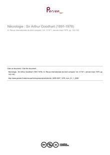 Nécrologie : Sir Arthur Goodhart (1891-1978) - autre ; n°1 ; vol.31, pg 143-145