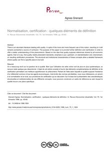 Normalisation, certification : quelques éléments de définition - article ; n°1 ; vol.75, pg 45-60