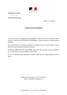 Communiqué du Premier ministre concernant Jérôme Cahuzac
