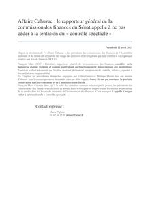 Affaire Cahuzac : le rapporteur général de la commission des finances du Sénat appelle à ne pas céder à la tentation du « contrôle spectacle » (communiqué de presse)