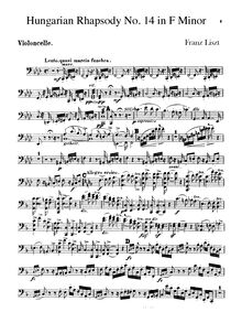 Partition violoncelles, Hungarian Rhapsody No.14, Lento, quasi marcia funebre