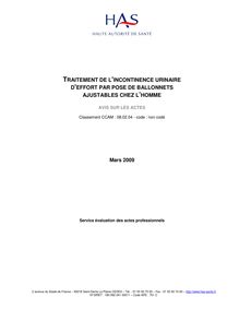 Traitement de l incontinence d effort masculine par ballonnets - Document d avis - Traitement d incontinence urinaire masculine par ballonnets