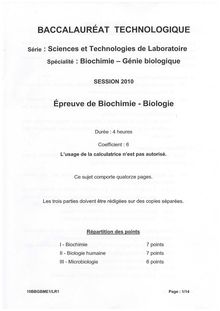 Biochimie-biologie 2010 S.T.L (Biochimie et génie biologique) Baccalauréat technologique