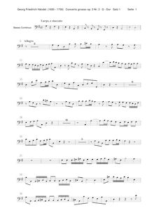Partition Continuo (violoncelles / Basses / clavier), Concerto Grosso en B-flat major, HWV 314
