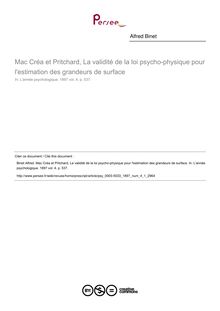 Mac Créa et Pritchard, La validité de la loi psycho-physique pour l estimation des grandeurs de surface - compte-rendu ; n°1 ; vol.4, pg 537-537