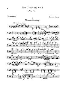 Partition violoncelles, Peer Gynt  No.1, Op.46, Grieg, Edvard