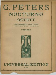 Partition couverture couleur, Nocturne pour vents et cordes, Nocturno. Octett [für] Oboe, Klarinette, Fagott, Horn, Violine I/II, Viola, Violoncell.