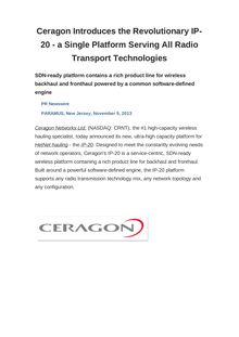 Ceragon Introduces the Revolutionary IP-20 - a Single Platform Serving All Radio Transport Technologies