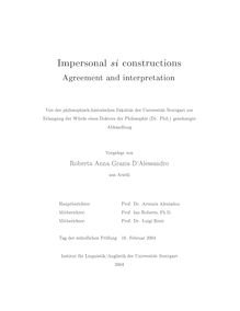 Impersonal si constructions [Elektronische Ressource] : agreement and interpretation / vorgelegt von Roberta Anna Grazia D Alessandro