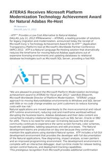ATERAS Receives Microsoft Platform Modernization Technology Achievement Award for Natural Adabas Re-Host