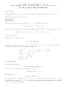 SOLUTIONS FOR ADMISSIONS TEST IN MATHEMATICS JOINT SCHOOLS AND COMPUTER SCIENCE