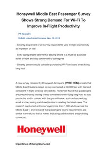 Honeywell Middle East Passenger Survey Shows Strong Demand For Wi-Fi To Improve In-Flight Productivity