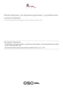 Nicolas Deloukas, Les stipulations générales : Le problème des contrats d adhésion - note biblio ; n°1 ; vol.5, pg 203-203