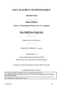Sujet du Bac Techno Mathématiques 2019 - Série STD2A