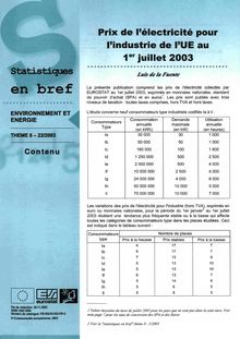 Prix de l électricité pour l industrie de l UE au 1er juillet 2003