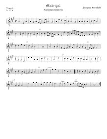 Partition ténor viole de gambe 2, octave aigu clef, 12 madrigaux par Jacob Arcadelt