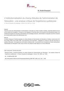 L institutionnalisation du champ d études de l administration de l éducation : une analyse critique de l expérience québécoise - article ; n°1 ; vol.130, pg 15-28