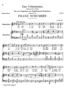 Partition complète, Das Geheimnis, D.250, The Secret, A♭ major, Schubert, Franz