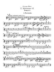 Partition trompette 1, 2 (A, B♭), 3, 4 (A), L Arlésienne  No.2, Bizet, Georges