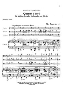 Partition de piano, Piano quatuor No.1, Op.113, Reger, Max