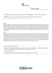 Vanishing hand versus Systems integrators - Une revue de la littérature sur l impact organisationnel de la modularité - article ; n°1 ; vol.109, pg 29-52