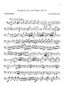 Partition violoncelles, Symphony No.5, Symfonie č.5, F major, Dvořák, Antonín