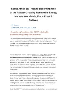 South Africa on Track to Becoming One of the Fastest-Growing Renewable Energy Markets Worldwide, Finds Frost & Sullivan