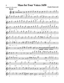 Partition Alto enregistrement , Mass pour Four voix, G minor, Monteverdi, Claudio