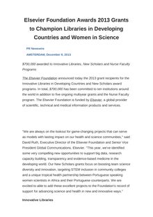 Elsevier Foundation Awards 2013 Grants to Champion Libraries in Developing Countries and Women in Science