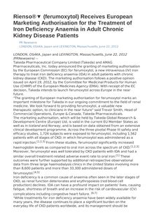 Rienso®▼ (ferumoxytol) Receives European Marketing Authorisation for the Treatment of Iron Deficiency Anaemia in Adult Chronic Kidney Disease Patients