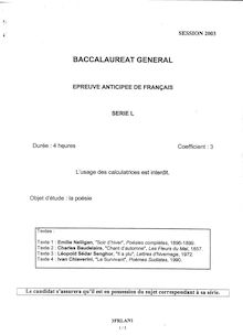 Français 2003 Littéraire Baccalauréat général