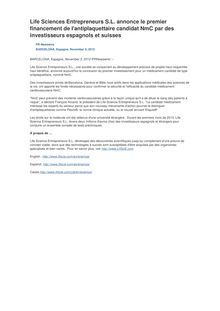 Life Sciences Entrepreneurs S.L. annonce le premier financement de l antiplaquettaire candidat NmC par des investisseurs espagnols et suisses
